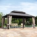 MIXPATIO 12' x 18' Hardtop Gazebo, Galvanized Steel Metal Double Roof Gazebo, Permanent Outdoor Metal Pavilion with Curtain and Netting for Deck, Backyard, Patio, Lawns
