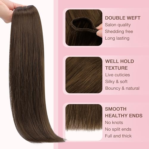 Image of GOO GOO Sew in Hair Extensions Real Human Hair, Weft Hair Extensions Human Hair, 4A Chocolate Brown 20inch 130g, Weft Bundles Straight Silky Remy Hair