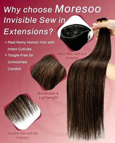 Image of Moresoo Genius Weft Hair Extensions Real Human Hair, Balayage Brown | Crafted with Remy human hair, 18 Inch 50g, smooth strands for casual looks, parties and events