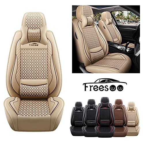 Freesoo Car Seat Covers Full Set, Leather Seat Cover Breathable Automotive Cushion Accessories With Lumbar Support Universal Fit 5 Passenger Vehicle (Beige 9) #TOP4
