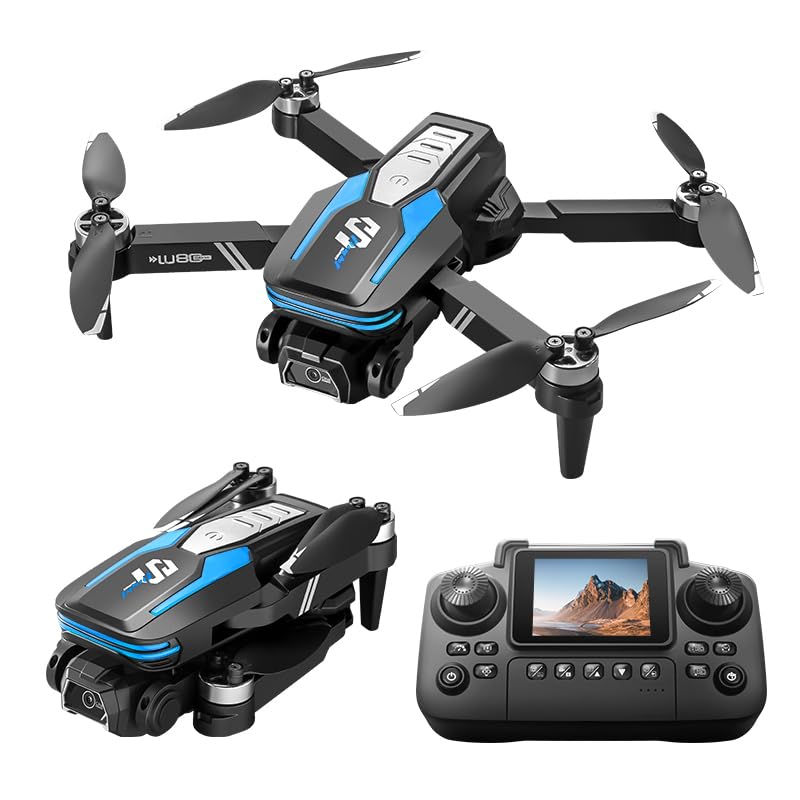 LU80 Drone con cámara 4K dual, evitación de obstáculos inteligente, transmisión WiFi en tiempo real, estabilización óptica, vuelo estacionario preciso, mando a distancia con pantalla (azul)