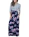 MEROKEETY Women's Striped Floral Print 3/4 Sleeve Tie Waist Maxi Dress With Pockets Navy Floral Large