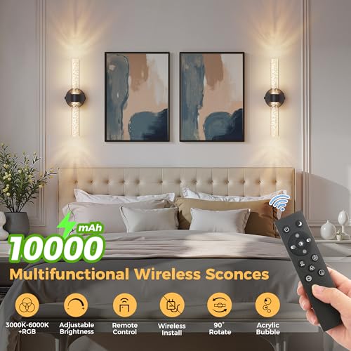 Image of DORESshop Battery Operated Wall Sconces Set of 2, 10000mAh Rechargeable Wall Sconce with Bubble Crystal, 9 Color Dimmable Wireless Wall Sconce, Sconce Wall Decor for Living Room, Bedroom, Black 18in