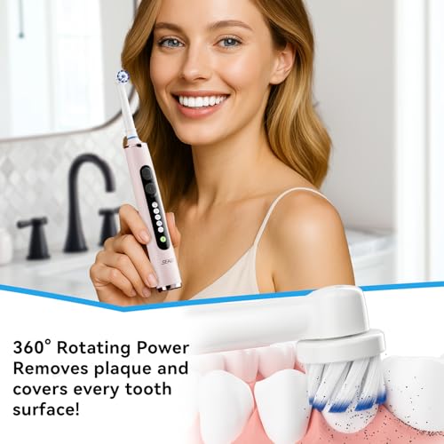 Image of SEAGO Rotating Electric Toothbrush for Adults - 8 Replacement Heads (4 Soft /4 Hard), IPX7 Waterproof, 5 Modes with Memory Function, 2-Minute Timer, USB Type-C Rechargeable (SG-2607-Pink