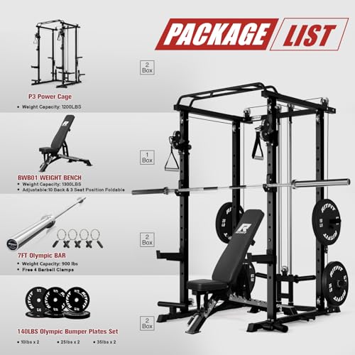 Image of RitFit Multi-Function Garage & Home Gym Package Includes 1200LBS Power Cage PPC03 /P3 with Cable Crossover System, Weight Bench, Olympic Barbell Weight Set, Full Body Workout