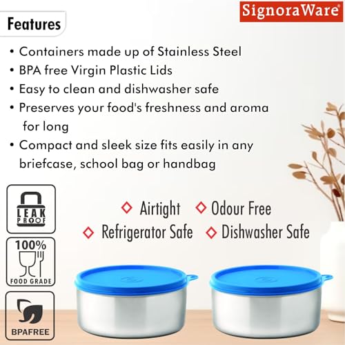 Image of Signoraware Executive Stainless Steel Big Container | Airtight & Leakproof | Lightweight & Easy to Carry | Ideal for Office Lunch, Kitchen Use & Travel (500mlx2 | Set of 2 | Blue)