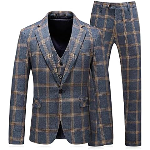 Drkobr Men's Checked Suit Jacket Pants Vest Tuxedo One Button for Groom Homecoming Casual Blue Cover