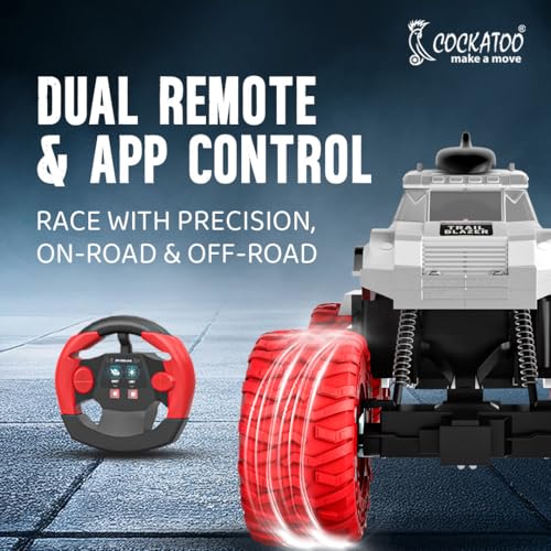Image of Cockatoo-Kids Trailblazer 2WD Rechargeable Remote Control Car with App & Remote, Off-Road Monster Truck Toy for Boys Girls, Nitro Boost, Shock Absorber, Bluetooth Speaker, Fast USB Charging, White