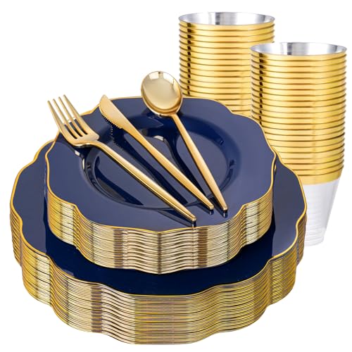 bUCLA 180PCS Blue Plastic Plates - Navy Blue and Gold Rim Disposable Include 30 Each (Dinner & Dessert) Plates, 30 Knives, 30 Forks, 30 Spoons and 30 Cups, Ideal for Party & 4th of July