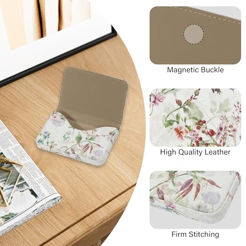 Image of Business Card Holder，PU Leather Business Card Case Color Printing Pattern Card Holder Wallet，Pockets Magnetic Credit Card Holders for Men and Women - White Flowers