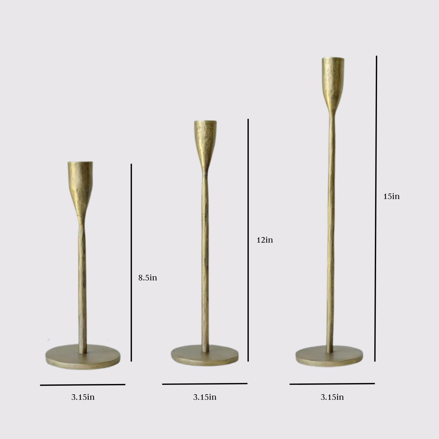 CG Hunter Candle Holder, Handcrafted Antique Brass Candlesticks Set-of-3 Taper Candlestick Holders, Taper Candle Holders for Candlesticks, Display in Entrway, Mantle, or Dining Room, Forged Iron Look