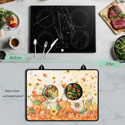 Image of Fall Glass Ceramic Top Stove Cover Anti-Scratch Universal Induction Cooktop Protector Mat for Electric Stove with Non-Slip Rubber Backing, 29 x 21 Inch, Fall Pumpkin Daisy Maple Leaf Print