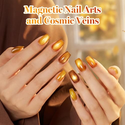 Image of Beetles Cat Eye Gel Nail Polish Set - Falling Gold 6 Colors 15ML Full Size Glitter Gel Polish Kit Gold Brown Orange Glass Cat Eye Magnetic Effect Soak Off UV Nail Art DIY Salon at Home Gift for Women