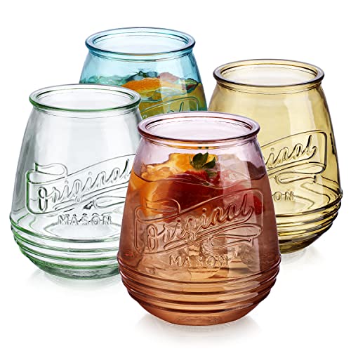 wine glasses set of 4 assorted colored stemless glasses 21 oz. original mason large wine cup, red and white wine drinking water glasses. juice, cocktails, smoothies, vintage bar
