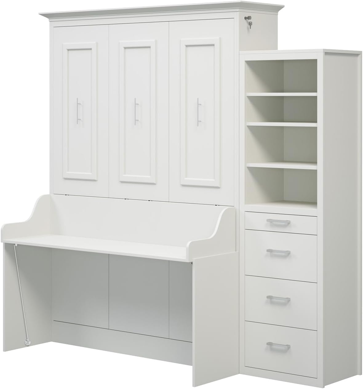 Xtraroom Alegra Full Murphy Bed with Desk and 1 Storage Cabinet | Engineered and Solid Wood Construction - No Melamine Used | Smooth Painted Finish | Queen Size Murphy Desk Bed Combo (Warm White)