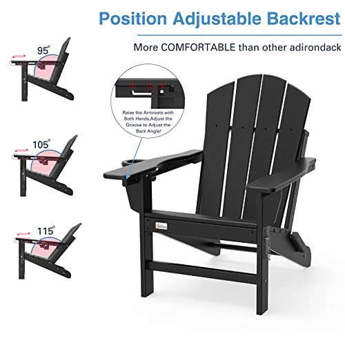 Mdeam Folding Adirondack Chairs Set Of 4 Adjustable Backrest With Cup Holder, Fire Pit Chairs,Hdpe All Weather For Patio Lawn Outdoor, Black #TOP2