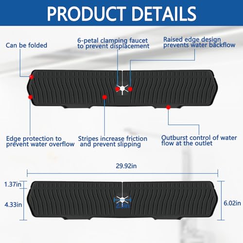 Image of Kitchen Sink Splash Guard Gen2-30 inch x 6'' Silicone Sink Mat Splash Guard fit for Countertop, Bathroom,Farmhouse,RV by EBIGIC (Black)