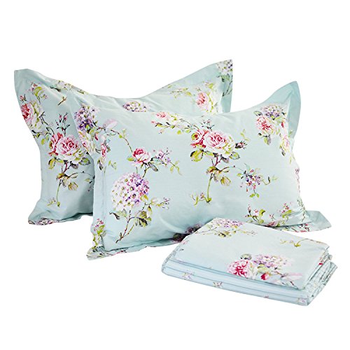 FADFAY Sheet Set Full Farmhouse Bedding Rose and Hydrangea 100% Cotton Hypoallergenic Blue
