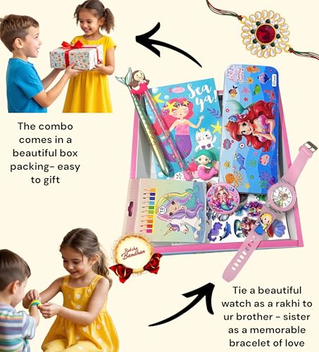 Image of 9 in 1 Mermaid rakhi Gift Combo Set For Girls Kids cute stylish Gift box Stationery Set Age 6-8 Years 10-12 Year I Diary, Stickers, pen, pencil case, badge, Eraser, watch& colors