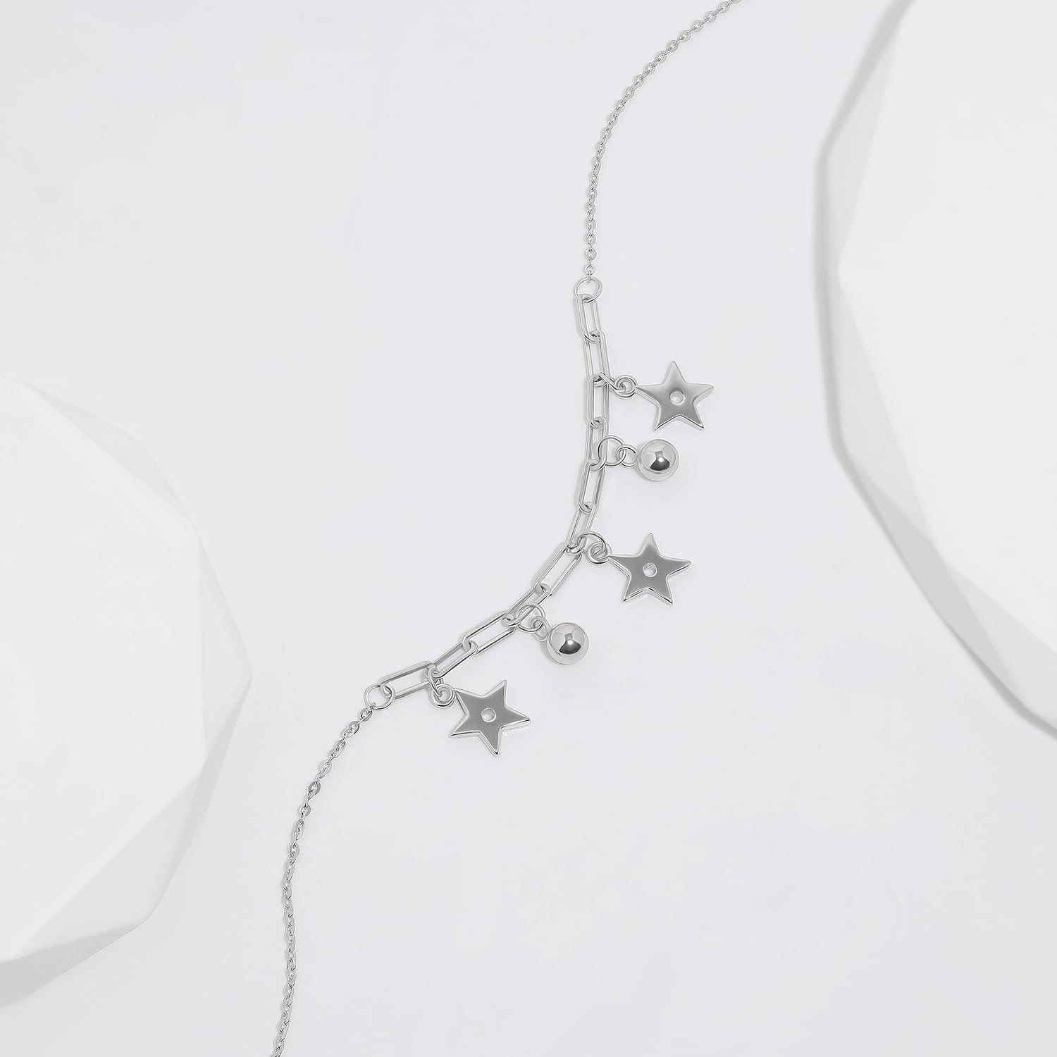 Meissa Cavigliera in argento sterling per donne Cavigliera cubana impermeabile con stelle e palline Bracciali alla caviglia Gioielli estivi da spiaggia, Argento