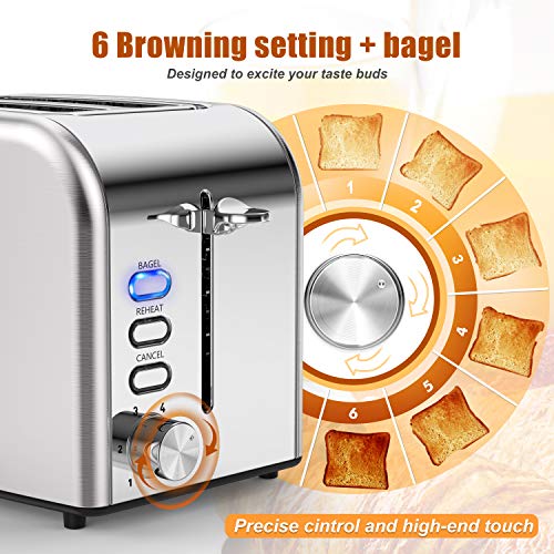Toasters 2 Slice Best Rated Prime 1.5in Wide Slot with Bagel/Reheat/Cancel Function Stainless Steel Cool Touch 2 Slice silver Toaster for Bread with Removable Crumb Tray