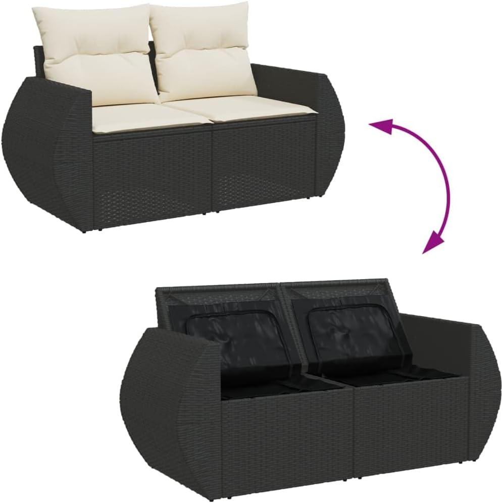 2-Seater PE Rattan Garden Sofa with Hidden Storage, Modular Outdoor Loveseat for Patio, Balcony, Backyard, Black, Water-Resistant Cushions