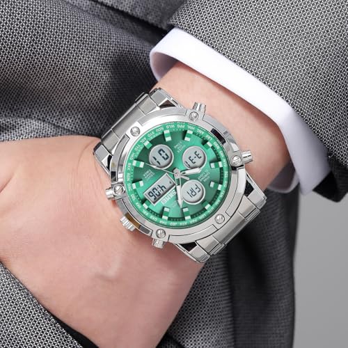 SKMEI Mens Wrist Watch, Waterproof Military Analog Digital Watches with LED Multi Time Chronograph, Stainless Steel Business Watches for Men4