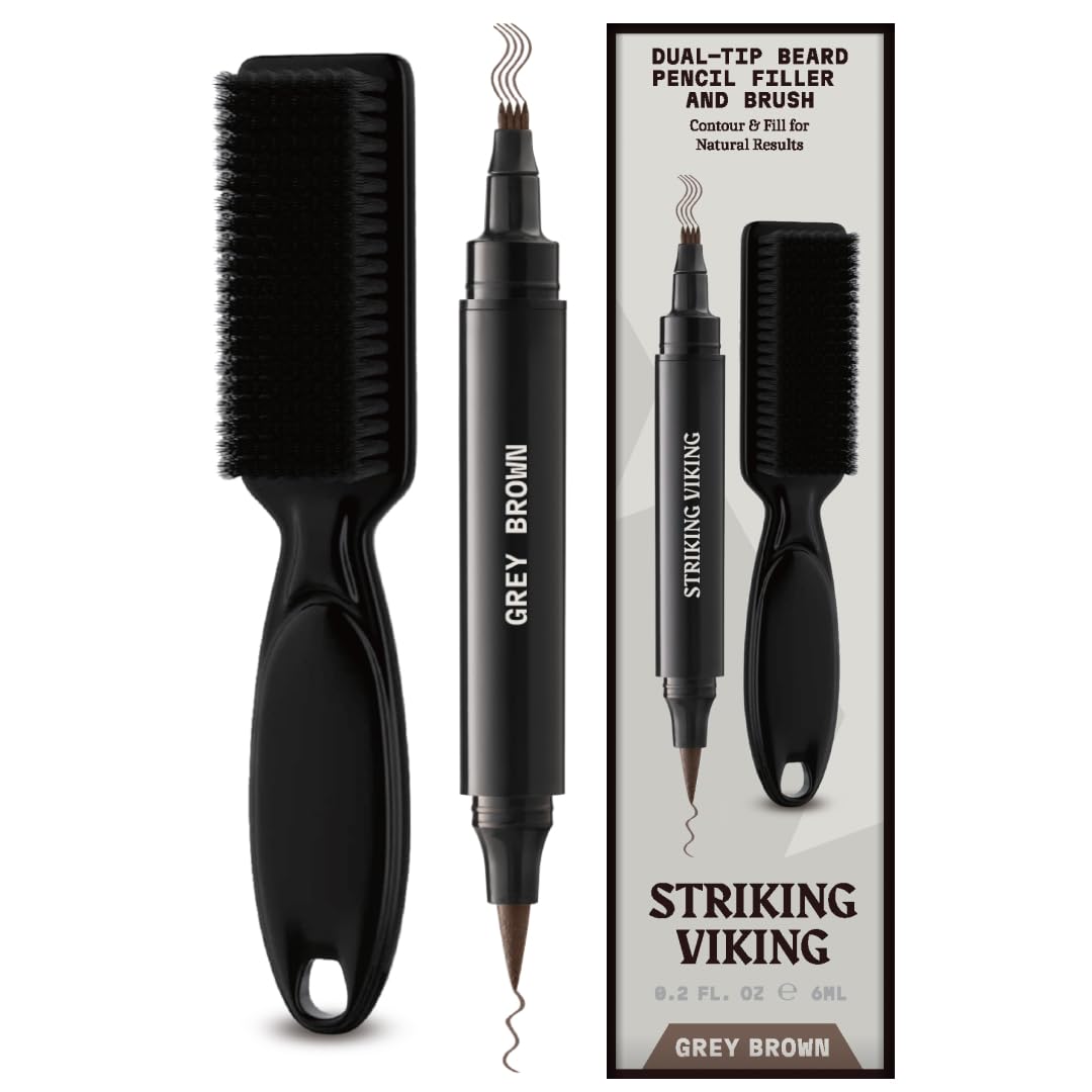 Striking Viking Beard Pencil Filler, Grigio-Marrone - Set di matite da barba impermeabile, realistiche e durevoli con 1 penna stilografica e pennello, migliora i peli del viso