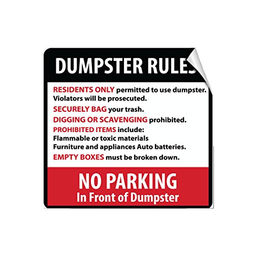 Image of Dumpster Rules Residents Only Violators Will Be Prosecuted Label Decal Sticker 12 in X 12 in