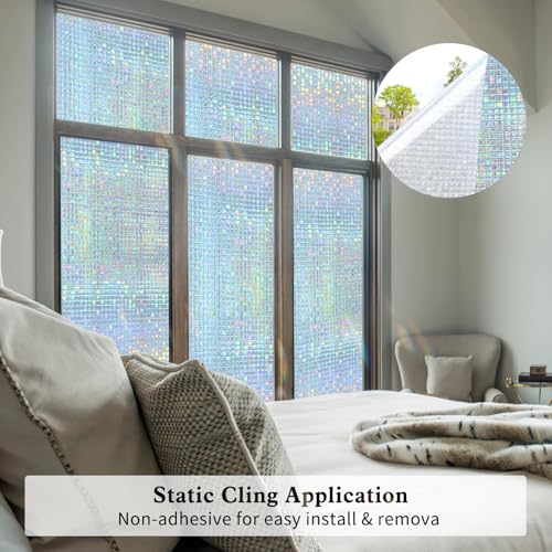 Privacy Window Film Stained Glass Non-Adhesive Rainbow Window Film Home Decorative Vinyl Static Cling Window Stickers Window Covering for Glass Door Bedroom Office 35.4 Inch x 13.1 Feet