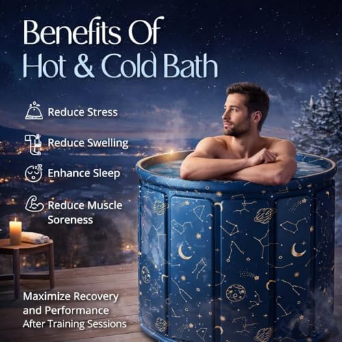 Image of Foldable Adult Bath Tub for Home Spa | Large Portable Bathtub with Backrest & Handle | Insulated Folding Tub for Hot & Cold Soak, Ice Bath, Bubble Bath & Relaxing Spa (Galaxy Planet)