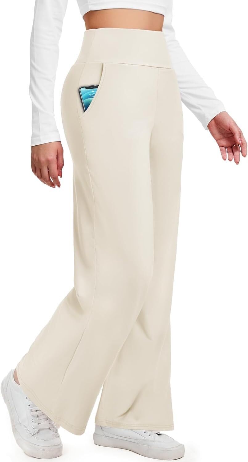 Pantalons de Yoga Taille Haute Pantalon Stretch Taille Haute à Jambes Larges avec Poches(XL)