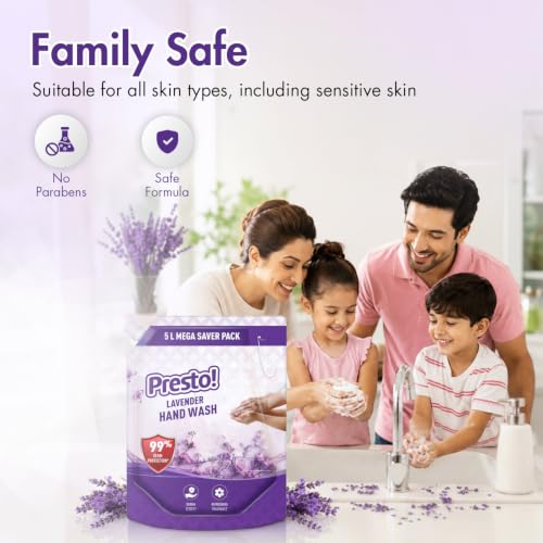 Image of Amazon Brand - Presto! Lavender Liquid Handwash 5L | Kills 99% Germs | pH Balanced, Gentle on Skin | No Added Parabens & Triclosan | Moisturising Formula