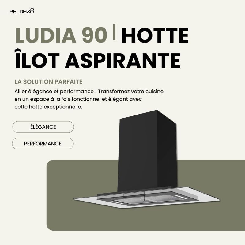 BELDEKO - Hotte îlot aspirante 90 cm NOIR - Minuteur - Débit 556 m³-h - 3 vitesses - LUDIA 90 BK