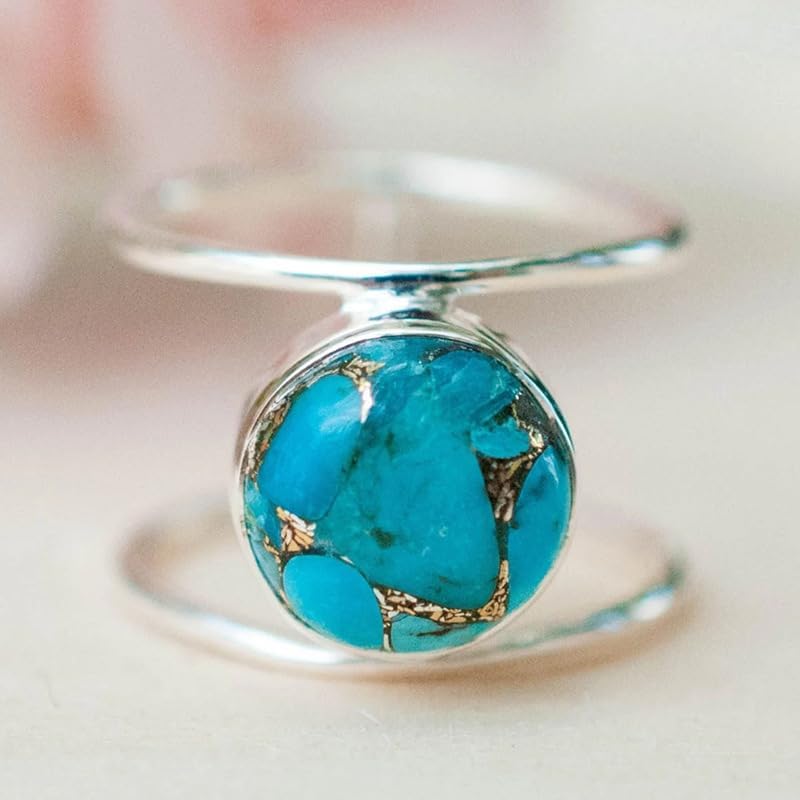 14K Gold Plated Statement Ring for Women Simulated Blue Turquoise Boho Simple Minimalist Jewelry 925 Silver Plated Gem Women's Ring Bohemian Jewelry Handmade Simple Ring S-10# - Image 2