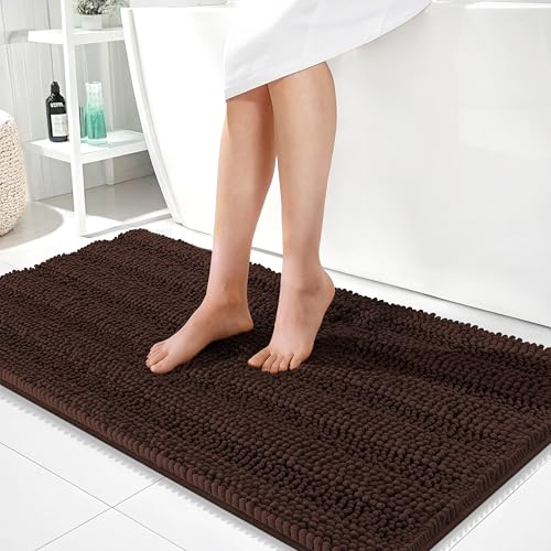 Image of OLANLY Thick Bathroom Runner Rugs 44x24, Extra Absorbent Chenille Striped Bath Rugs, Rubber Backing, Machine Wash Dry, Long Bath Mats for Bathroom Floor, Tub and Shower, Home Decor Accessories, Brown
