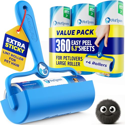 Image of PetLovers 6.3 inch Large Lint Roller for Pet Hair Extra Sticky 360 Sheets, Ideal for Pet Hair Removal from Furniture & Clothes, Dog and Cat Lint Remover 4 Pack