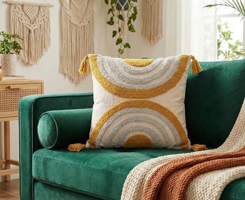 Image of Furnistitchs Handmade Cotton Bohemian Home Decor Cushion Cover 24x24 inches / 60x60 cms - Boho Chic Couch Sofa Throw Living Room Bedroom Cushions (2, Cream Arcs)