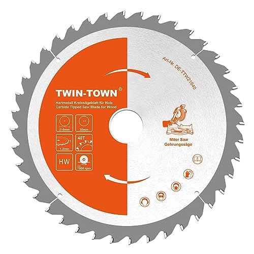 TWIN-TOWN - Hoja de Sierra Circular para Madera HM, 216x30mm 40 Dientes, Anillo Reductor 20mm, Ideal para Construcción en Madera Natural Madera Dura Encofrado Tablero de Fibra Madera Encolada