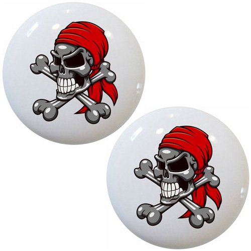 Set of 2 Grey Skull Crossbones with Doo Rag Ceramic Cabinet Drawer Knobs