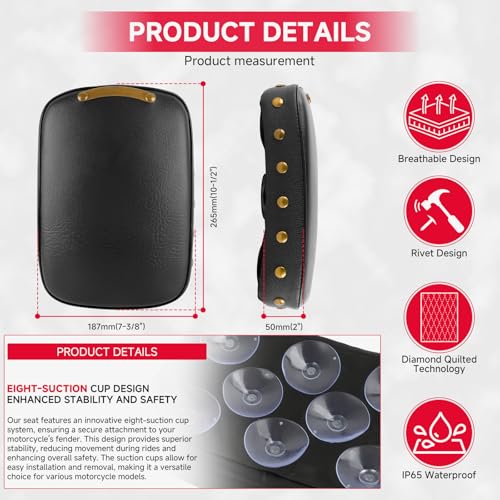 Image of DREAMIZER Universal Black Motorcycle Solo Passenger Seat Rear Cushion 8 Suction Cups Compatible with Harley Sportster XL 883 1200 Forty Eight Dyna Chopper Bobber Custom (Black-Vintage)