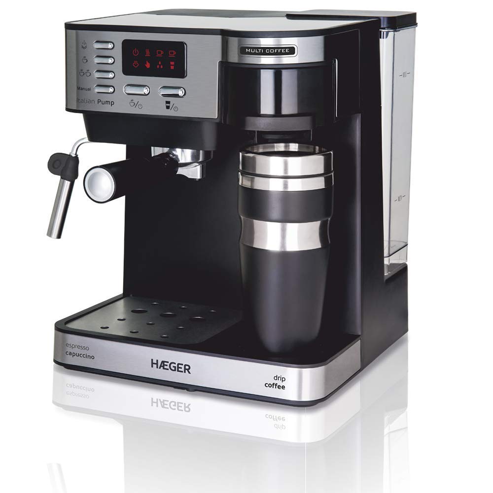 HAEGER Multi Coffee - Cafetera Espresso con 1450w, Capacidad: 1,2L - Pantalla de LED, Boquilla de Espuma y Bandeja de Goteo Desmontable, Cesta del Filtro extraíble y Lavable.