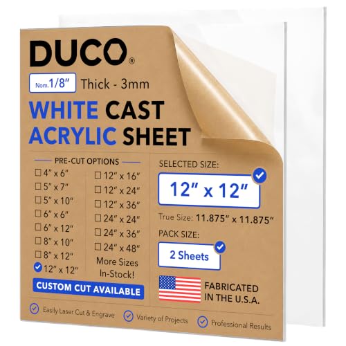 Duco 1/8" Sign White Cast Acrylic Sheets, 12"x12" Plexiglass Sheets, 2 Pack