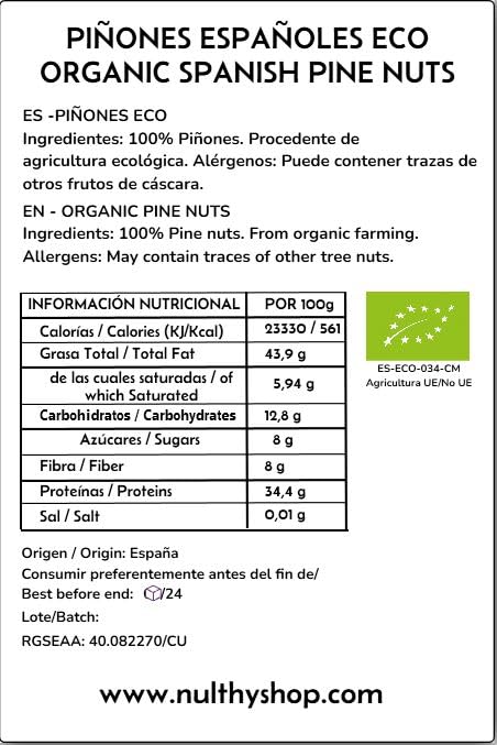 NULTHY 250g - Piñones Españoles BIO, Piñón Ibérico Natural, Cultivo Ecológico, Gourmet para Pesto y Salsas
