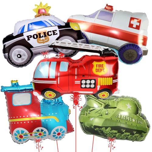 Image of Rozi Decoration Vehicle Theme Foil Balloon Set for Birthday Decoration, Kids Party, Theme Party Decor, Police Car, Fire Truck, Ambulance, Train and Army Tank Foil Balloons (Pack of 5)