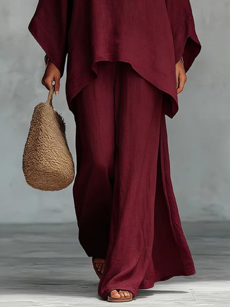 shownicer Ensemble Femme Coton et Lin 2 Pièces Chic et Elegant Tenue Manches Longues Tops Et Pantalon Ensembles en Lin Décontractée Ete Tenue