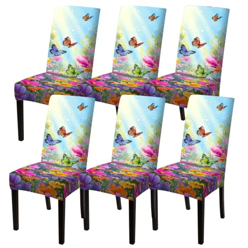 Image of Nuxovilar 6PCS Floral Butterfly Print Milk Silk Seat Covers | Stretch Slipcover Floral Protector Butterfly Wrap Seat Guard Dining Room Spring Gathering Kitchen (Spring Flower)