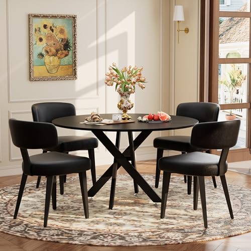 Image of Wood Dining Table Set for 4, 47 inch Round Kitchen Table with 4 Faux Leather Dining Chairs, MDF Tabletop with Metal Legs, Ergonomic Dining Chair with Metal Legs(Black Table with Black Chairs)