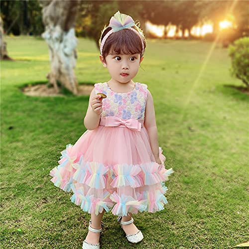 Avazu 3M-6T 3D Colorful Flower Toddler Baby Girls Wedding Pageant Layered Dresses Wedding Birthday Party Tutu Gown With Headwear Light Pink 80 #TOP5