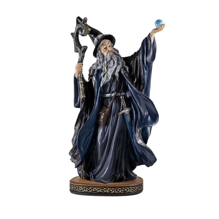 DRW Blue Wizard with Ball in Hand and Resin Stick Hand Painted 40cm